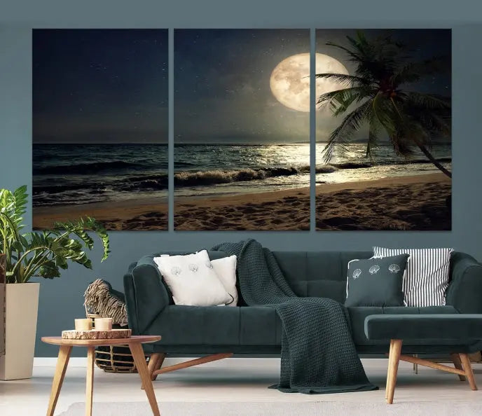 The Full Moon Night Beach Wall Art Canvas Print elegantly enhances the space. This museum-quality piece is gallery wrapped to capture every detail and is coated with UV protection for added durability.