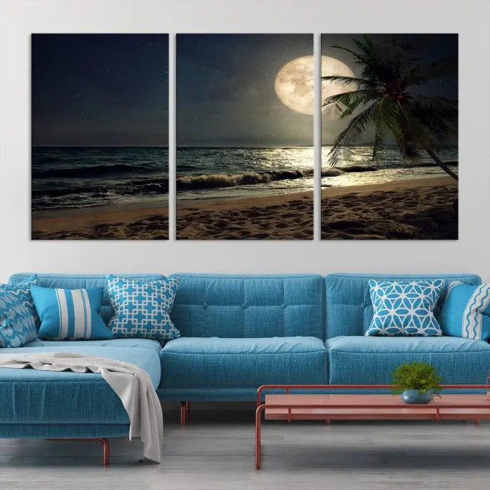 The Full Moon Night Beach Wall Art Canvas Print elegantly enhances the space. This museum-quality piece is gallery wrapped to capture every detail and is coated with UV protection for added durability.