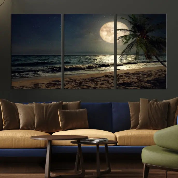 The Full Moon Night Beach Wall Art Canvas Print elegantly enhances the space. This museum-quality piece is gallery wrapped to capture every detail and is coated with UV protection for added durability.