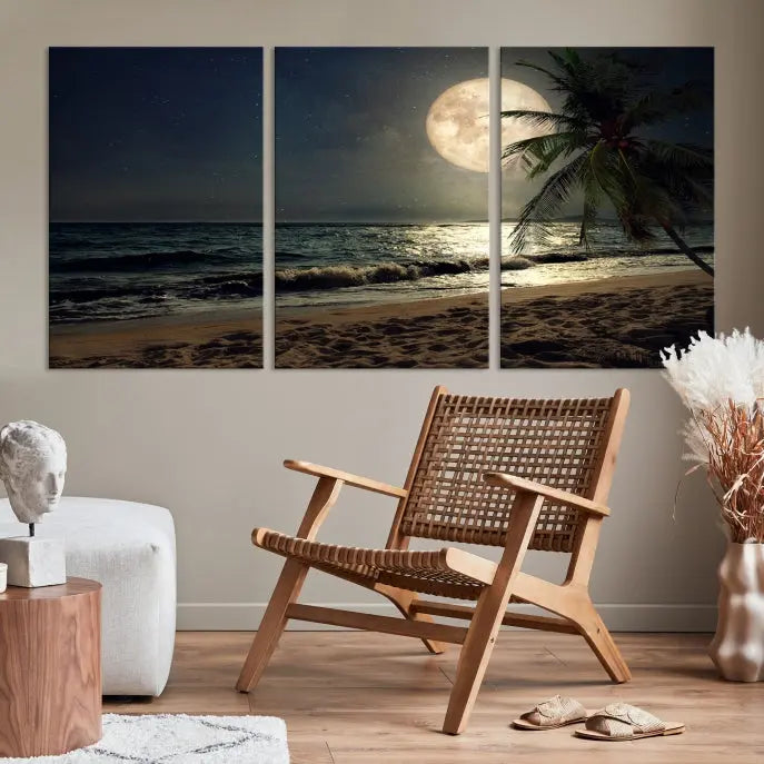 The Full Moon Night Beach Wall Art Canvas Print elegantly enhances the space. This museum-quality piece is gallery wrapped to capture every detail and is coated with UV protection for added durability.