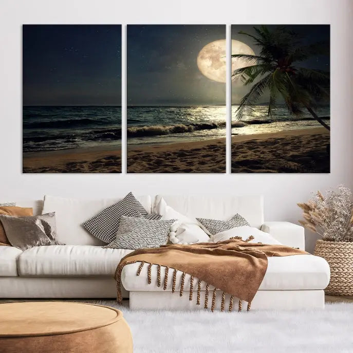 The Full Moon Night Beach Wall Art Canvas Print elegantly enhances the space. This museum-quality piece is gallery wrapped to capture every detail and is coated with UV protection for added durability.