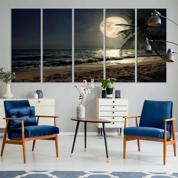 The Full Moon Night Beach Wall Art Canvas Print elegantly enhances the space. This museum-quality piece is gallery wrapped to capture every detail and is coated with UV protection for added durability.