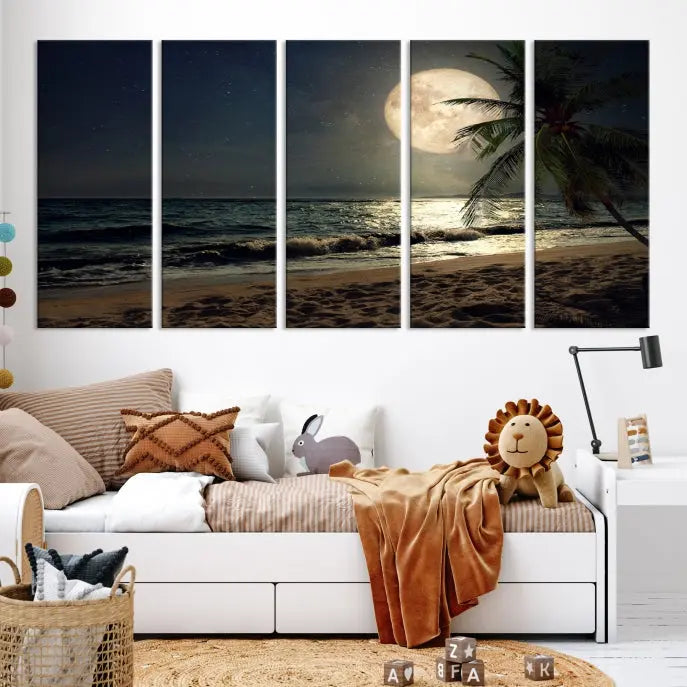 The Full Moon Night Beach Wall Art Canvas Print elegantly enhances the space. This museum-quality piece is gallery wrapped to capture every detail and is coated with UV protection for added durability.