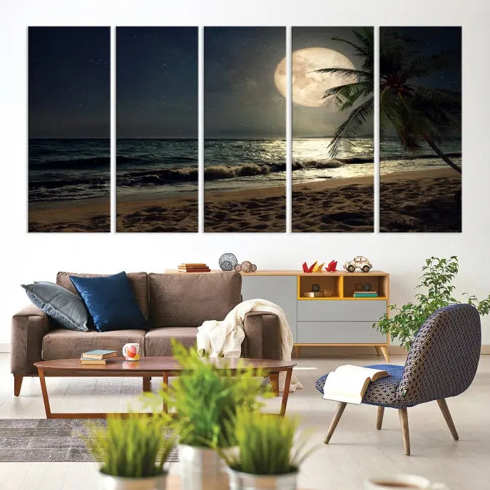 The Full Moon Night Beach Wall Art Canvas Print elegantly enhances the space. This museum-quality piece is gallery wrapped to capture every detail and is coated with UV protection for added durability.