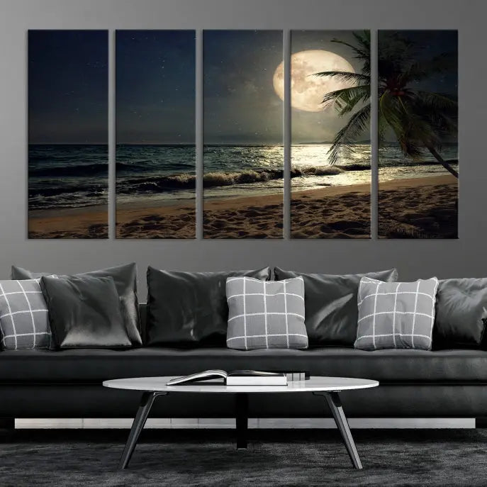 The Full Moon Night Beach Wall Art Canvas Print elegantly enhances the space. This museum-quality piece is gallery wrapped to capture every detail and is coated with UV protection for added durability.