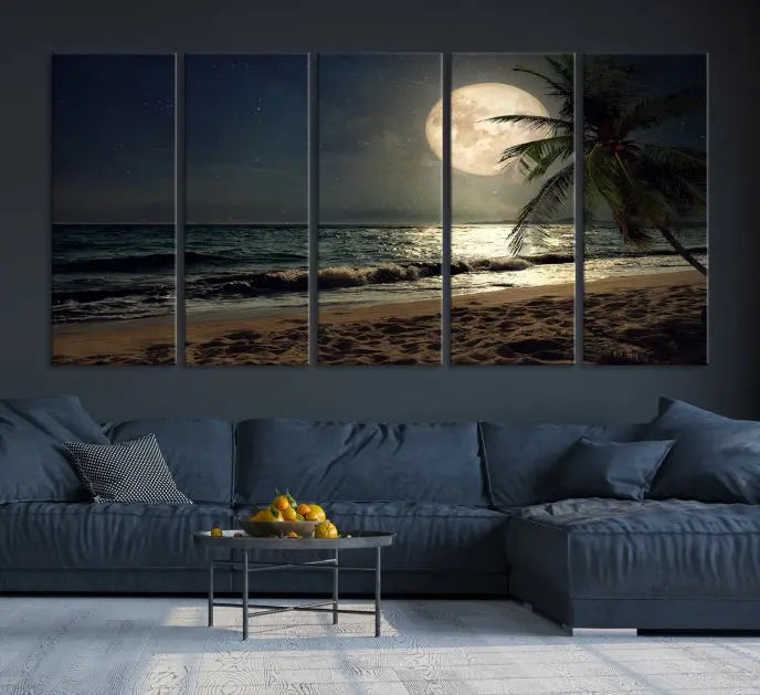 The Full Moon Night Beach Wall Art Canvas Print elegantly enhances the space. This museum-quality piece is gallery wrapped to capture every detail and is coated with UV protection for added durability.