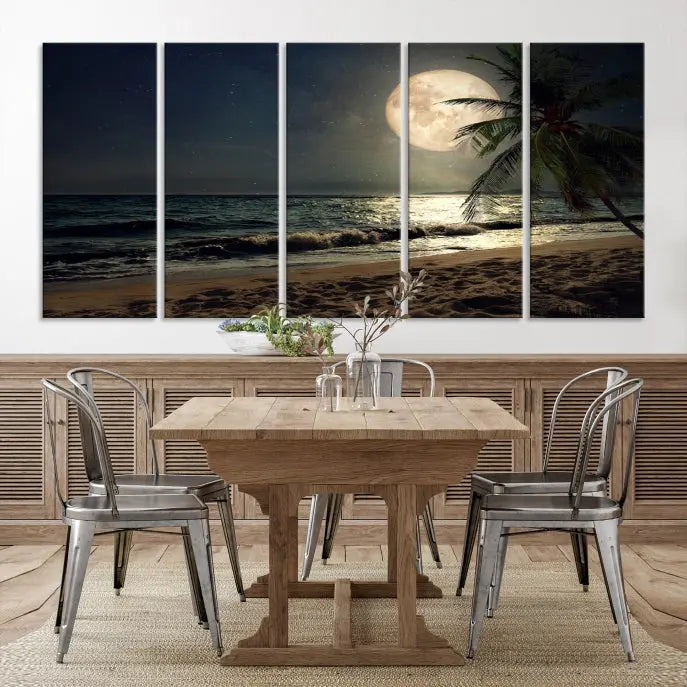 The Full Moon Night Beach Wall Art Canvas Print elegantly enhances the space. This museum-quality piece is gallery wrapped to capture every detail and is coated with UV protection for added durability.