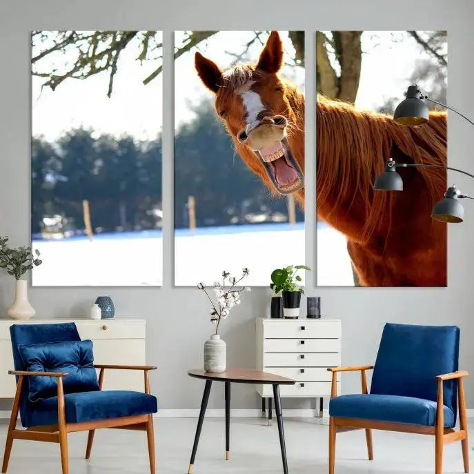 A triptych of the "Funny Animal Wall Art Horse Canvas Print," showcasing a horse mid-laugh, is displayed on museum-quality canvases with a UV-protective coating.