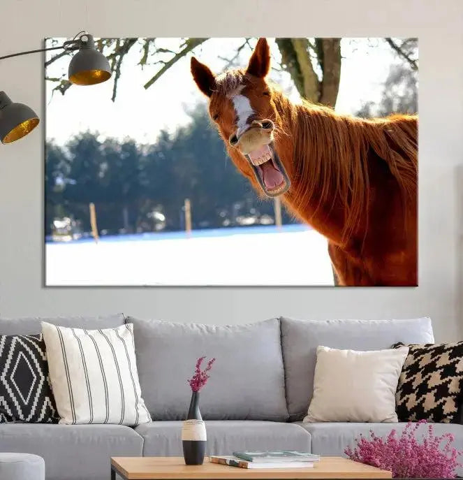 A triptych of the "Funny Animal Wall Art Horse Canvas Print," showcasing a horse mid-laugh, is displayed on museum-quality canvases with a UV-protective coating.