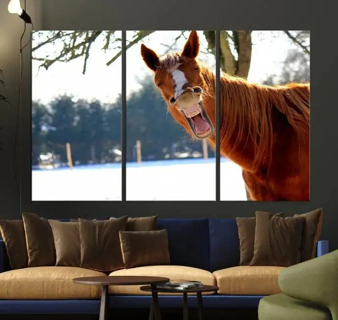 A triptych of the "Funny Animal Wall Art Horse Canvas Print," showcasing a horse mid-laugh, is displayed on museum-quality canvases with a UV-protective coating.