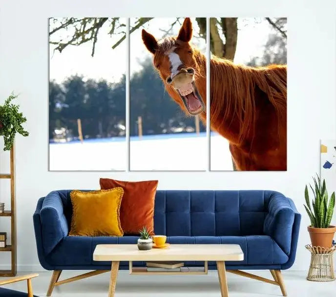 A triptych of the "Funny Animal Wall Art Horse Canvas Print," showcasing a horse mid-laugh, is displayed on museum-quality canvases with a UV-protective coating.