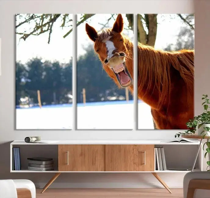 A triptych of the "Funny Animal Wall Art Horse Canvas Print," showcasing a horse mid-laugh, is displayed on museum-quality canvases with a UV-protective coating.