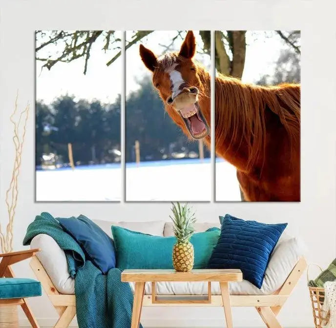 A triptych of the "Funny Animal Wall Art Horse Canvas Print," showcasing a horse mid-laugh, is displayed on museum-quality canvases with a UV-protective coating.