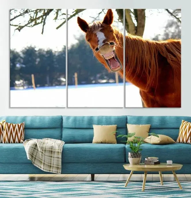 A triptych of the "Funny Animal Wall Art Horse Canvas Print," showcasing a horse mid-laugh, is displayed on museum-quality canvases with a UV-protective coating.