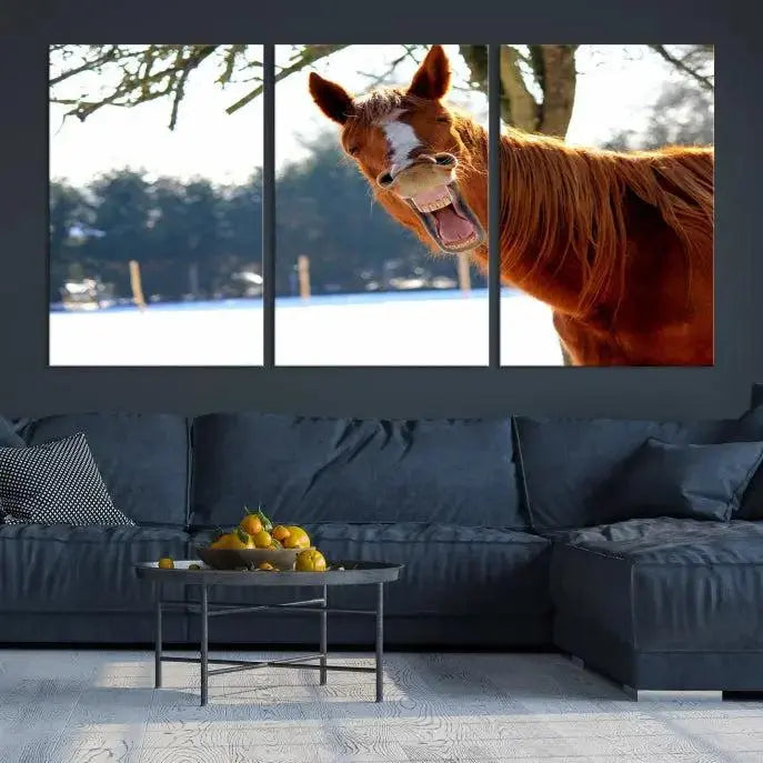 A triptych of the "Funny Animal Wall Art Horse Canvas Print," showcasing a horse mid-laugh, is displayed on museum-quality canvases with a UV-protective coating.