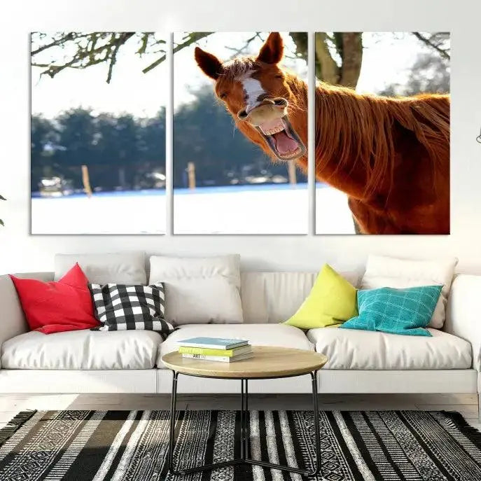 A triptych of the "Funny Animal Wall Art Horse Canvas Print," showcasing a horse mid-laugh, is displayed on museum-quality canvases with a UV-protective coating.