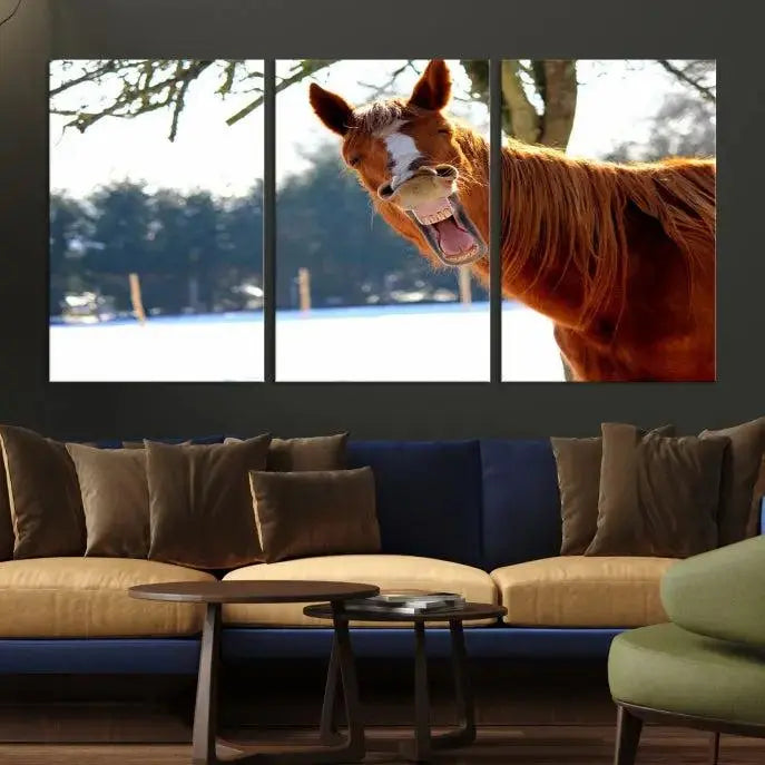 A triptych of the "Funny Animal Wall Art Horse Canvas Print," showcasing a horse mid-laugh, is displayed on museum-quality canvases with a UV-protective coating.