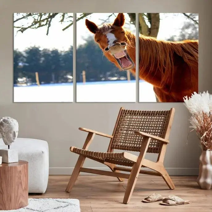 A triptych of the "Funny Animal Wall Art Horse Canvas Print," showcasing a horse mid-laugh, is displayed on museum-quality canvases with a UV-protective coating.