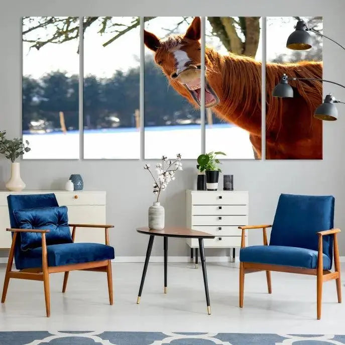 A triptych of the "Funny Animal Wall Art Horse Canvas Print," showcasing a horse mid-laugh, is displayed on museum-quality canvases with a UV-protective coating.