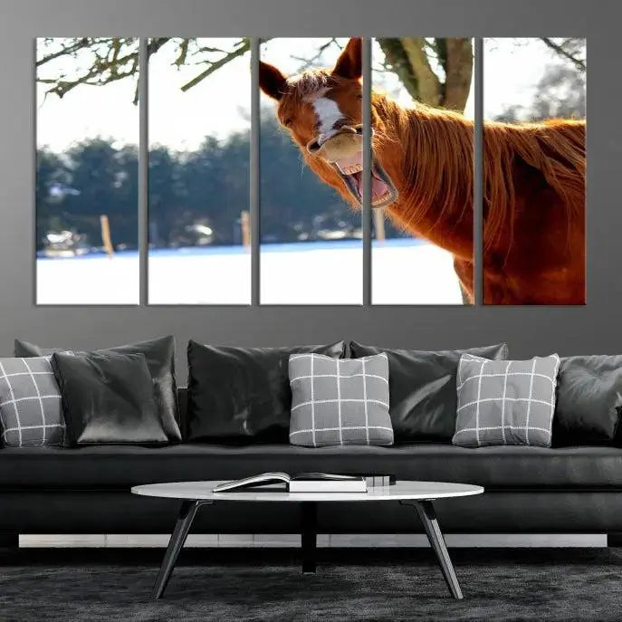 A triptych of the "Funny Animal Wall Art Horse Canvas Print," showcasing a horse mid-laugh, is displayed on museum-quality canvases with a UV-protective coating.