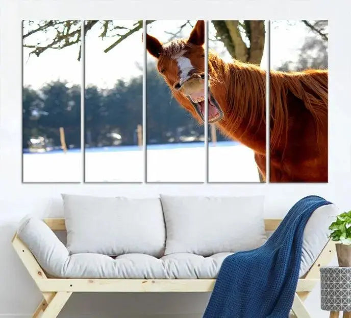 A triptych of the "Funny Animal Wall Art Horse Canvas Print," showcasing a horse mid-laugh, is displayed on museum-quality canvases with a UV-protective coating.