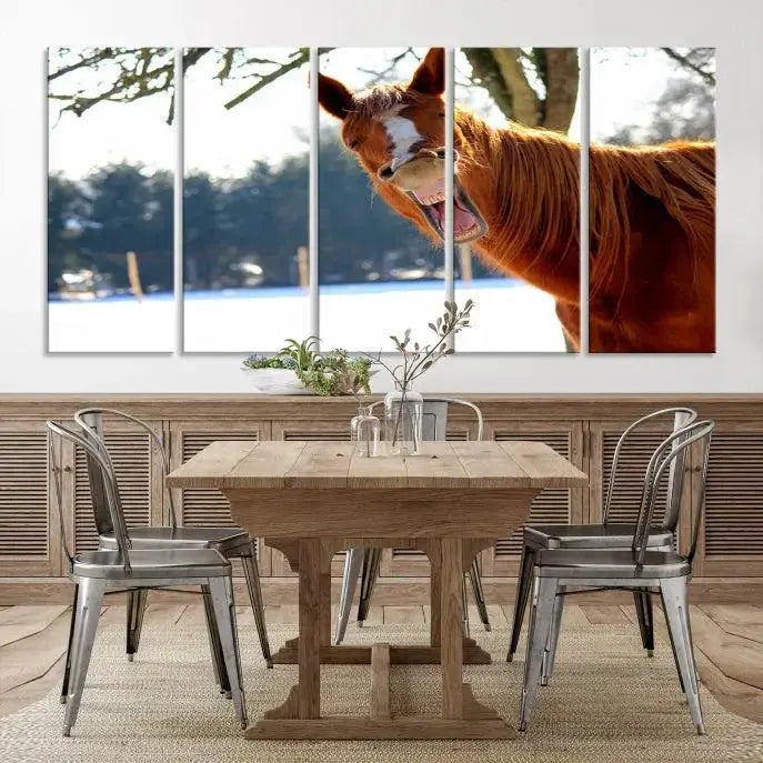 A triptych of the "Funny Animal Wall Art Horse Canvas Print," showcasing a horse mid-laugh, is displayed on museum-quality canvases with a UV-protective coating.