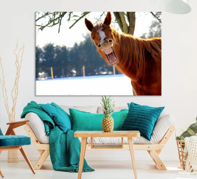 A triptych of the "Funny Animal Wall Art Horse Canvas Print," showcasing a horse mid-laugh, is displayed on museum-quality canvases with a UV-protective coating.