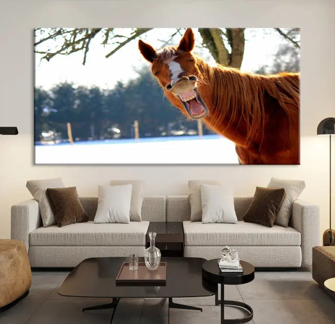 A triptych of the "Funny Animal Wall Art Horse Canvas Print," showcasing a horse mid-laugh, is displayed on museum-quality canvases with a UV-protective coating.