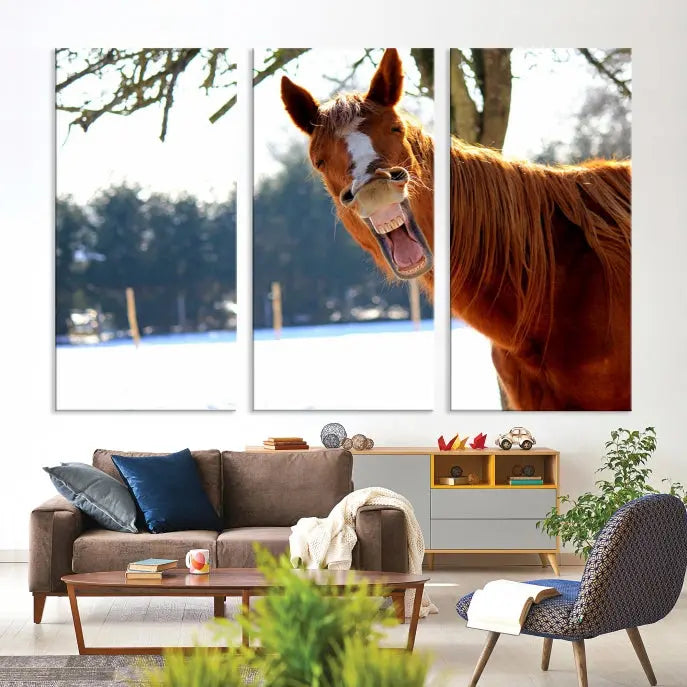 A triptych of the "Funny Animal Wall Art Horse Canvas Print," showcasing a horse mid-laugh, is displayed on museum-quality canvases with a UV-protective coating.