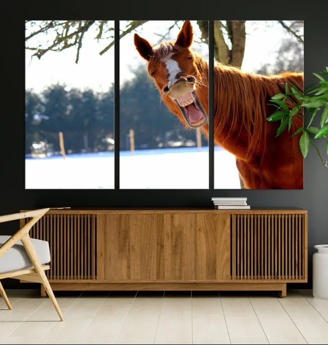 A triptych of the "Funny Animal Wall Art Horse Canvas Print," showcasing a horse mid-laugh, is displayed on museum-quality canvases with a UV-protective coating.