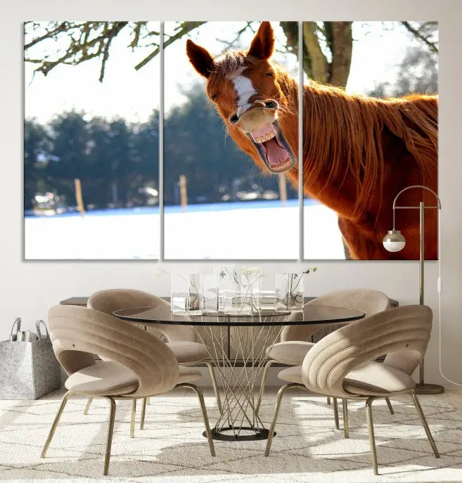 A triptych of the "Funny Animal Wall Art Horse Canvas Print," showcasing a horse mid-laugh, is displayed on museum-quality canvases with a UV-protective coating.