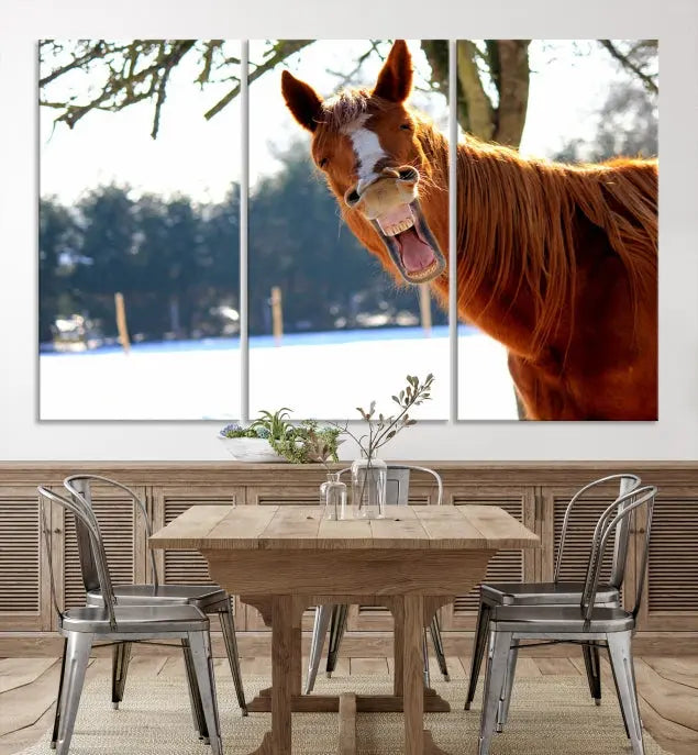 A triptych of the "Funny Animal Wall Art Horse Canvas Print," showcasing a horse mid-laugh, is displayed on museum-quality canvases with a UV-protective coating.