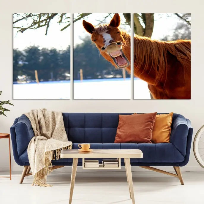 A triptych of the "Funny Animal Wall Art Horse Canvas Print," showcasing a horse mid-laugh, is displayed on museum-quality canvases with a UV-protective coating.