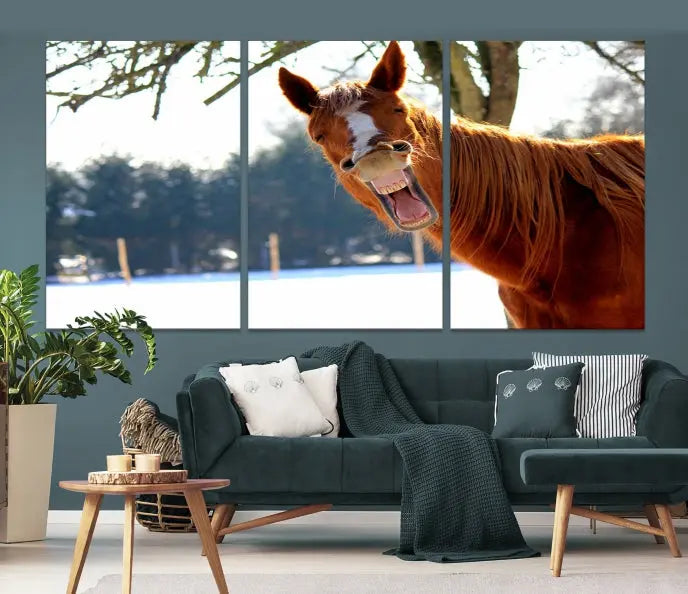 A triptych of the "Funny Animal Wall Art Horse Canvas Print," showcasing a horse mid-laugh, is displayed on museum-quality canvases with a UV-protective coating.