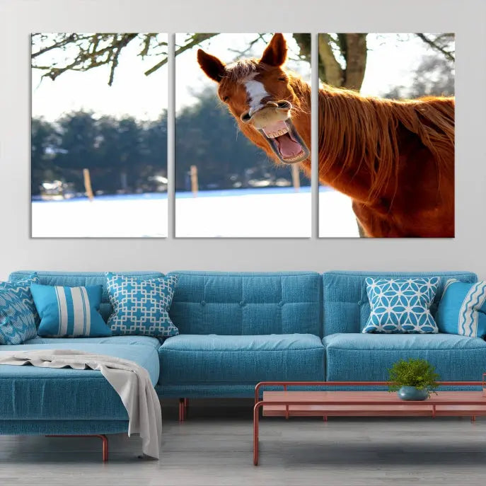 A triptych of the "Funny Animal Wall Art Horse Canvas Print," showcasing a horse mid-laugh, is displayed on museum-quality canvases with a UV-protective coating.