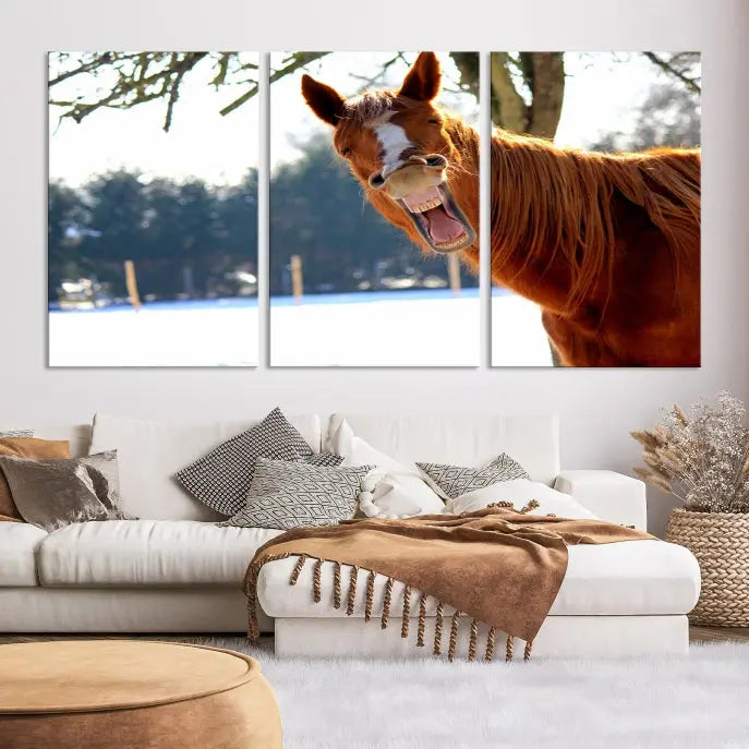 A triptych of the "Funny Animal Wall Art Horse Canvas Print," showcasing a horse mid-laugh, is displayed on museum-quality canvases with a UV-protective coating.