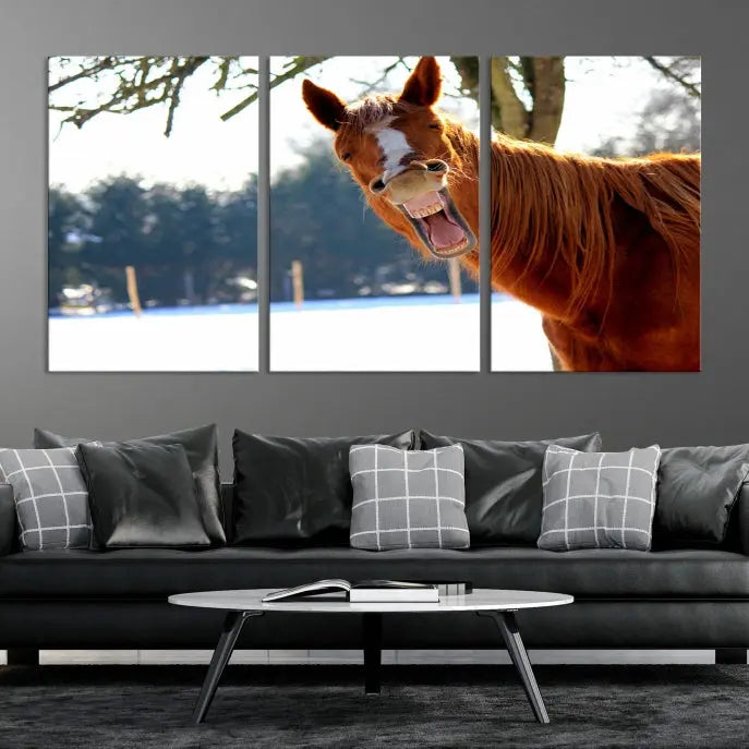 A triptych of the "Funny Animal Wall Art Horse Canvas Print," showcasing a horse mid-laugh, is displayed on museum-quality canvases with a UV-protective coating.