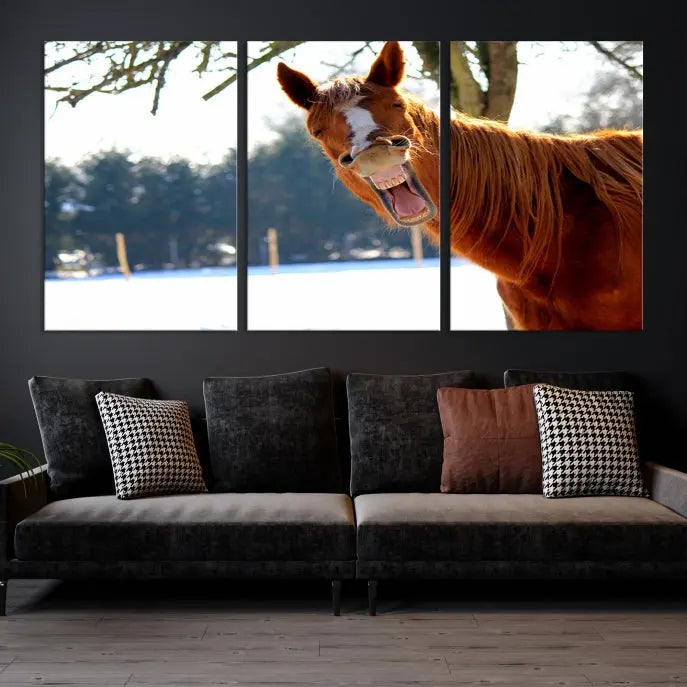 A triptych of the "Funny Animal Wall Art Horse Canvas Print," showcasing a horse mid-laugh, is displayed on museum-quality canvases with a UV-protective coating.