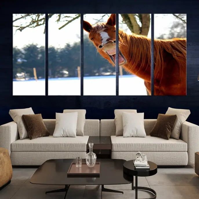 A triptych of the "Funny Animal Wall Art Horse Canvas Print," showcasing a horse mid-laugh, is displayed on museum-quality canvases with a UV-protective coating.