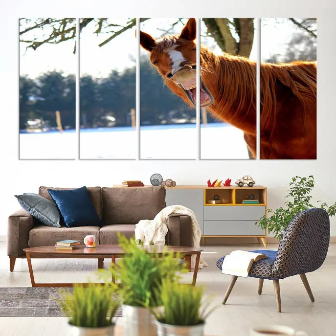 A triptych of the "Funny Animal Wall Art Horse Canvas Print," showcasing a horse mid-laugh, is displayed on museum-quality canvases with a UV-protective coating.