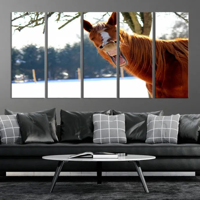 A triptych of the "Funny Animal Wall Art Horse Canvas Print," showcasing a horse mid-laugh, is displayed on museum-quality canvases with a UV-protective coating.