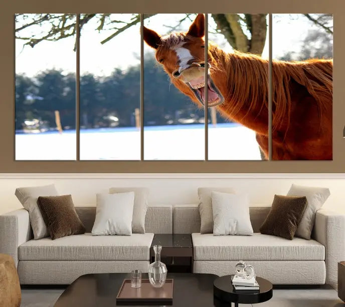 A triptych of the "Funny Animal Wall Art Horse Canvas Print," showcasing a horse mid-laugh, is displayed on museum-quality canvases with a UV-protective coating.