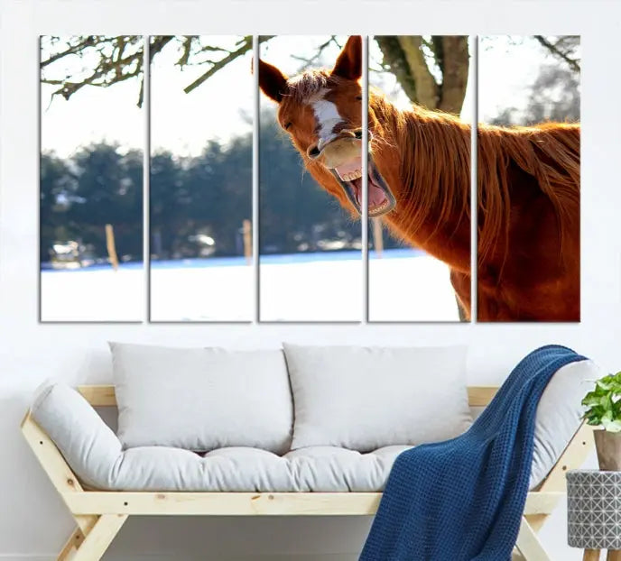 A triptych of the "Funny Animal Wall Art Horse Canvas Print," showcasing a horse mid-laugh, is displayed on museum-quality canvases with a UV-protective coating.