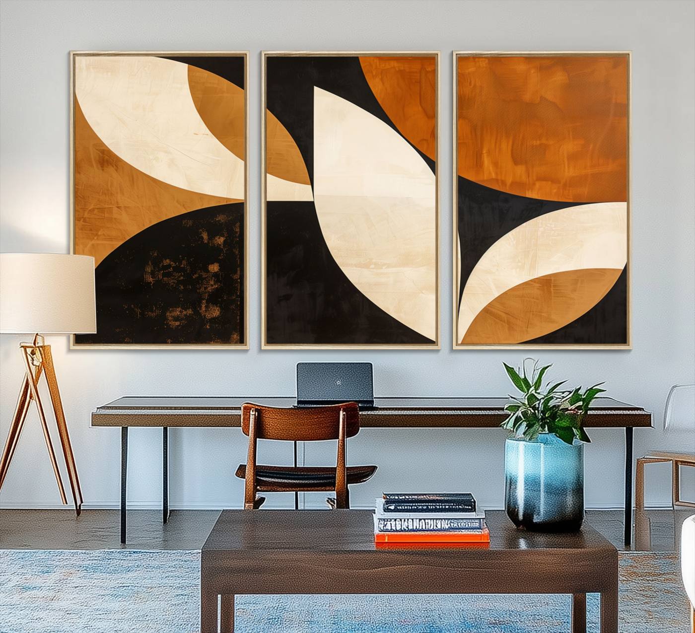 21251-MGV-FC-48X32-3P_Natural-Geometric Abstract Wall Art Canvas Print, Mid Century Modern Wall Art Print