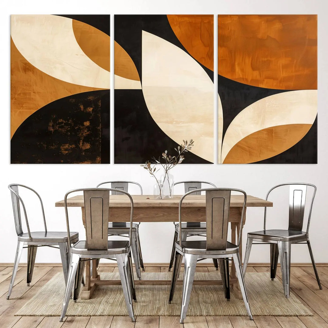 The walls are adorned with the Geometric Abstract Wall Art Canvas Print, a mid-century modern piece created with high-resolution printing on museum-quality canvas.