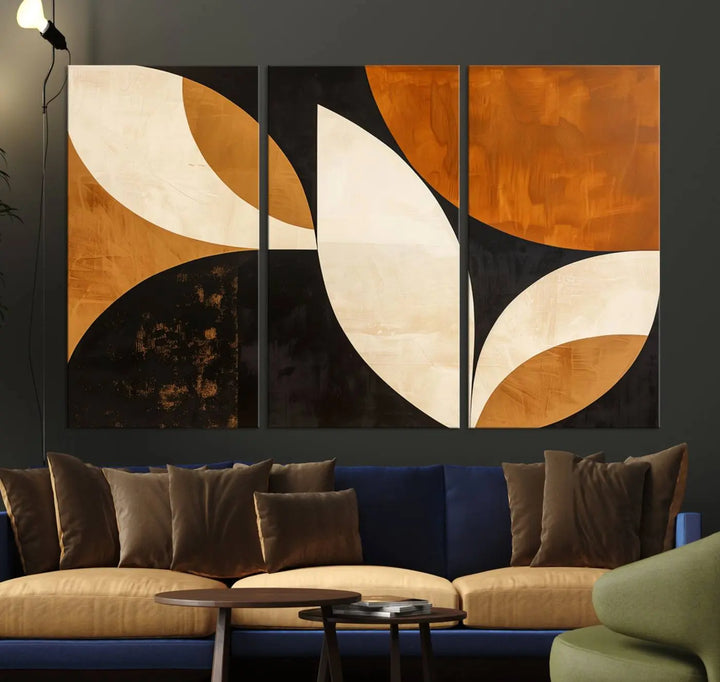 The walls are adorned with the Geometric Abstract Wall Art Canvas Print, a mid-century modern piece created with high-resolution printing on museum-quality canvas.