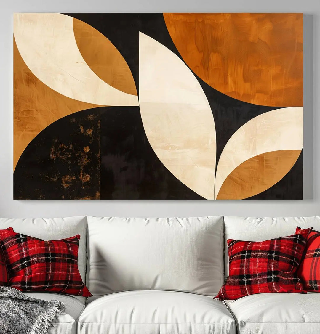 The walls are adorned with the Geometric Abstract Wall Art Canvas Print, a mid-century modern piece created with high-resolution printing on museum-quality canvas.