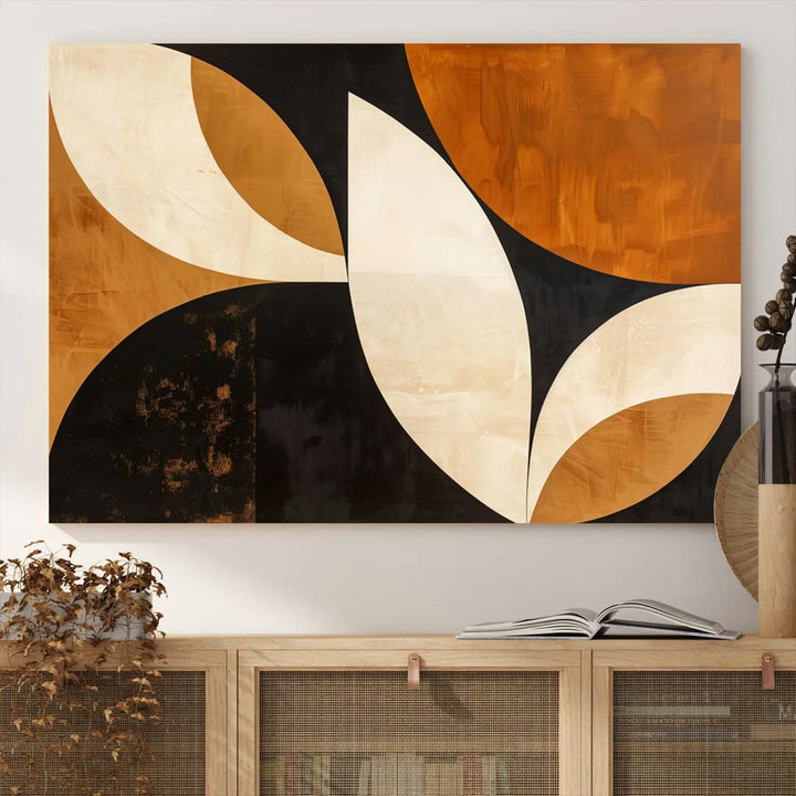 The walls are adorned with the Geometric Abstract Wall Art Canvas Print, a mid-century modern piece created with high-resolution printing on museum-quality canvas.