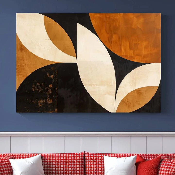 The walls are adorned with the Geometric Abstract Wall Art Canvas Print, a mid-century modern piece created with high-resolution printing on museum-quality canvas.