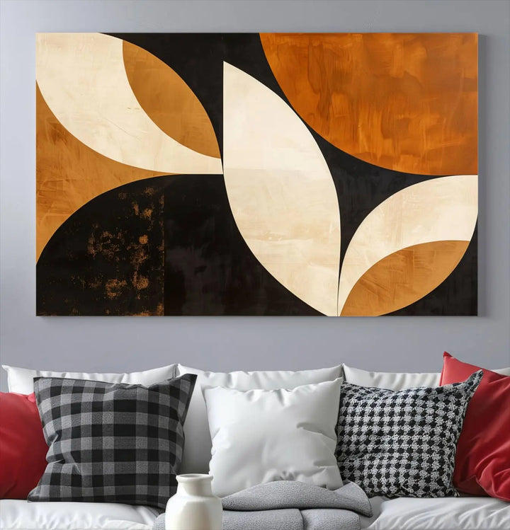 The walls are adorned with the Geometric Abstract Wall Art Canvas Print, a mid-century modern piece created with high-resolution printing on museum-quality canvas.